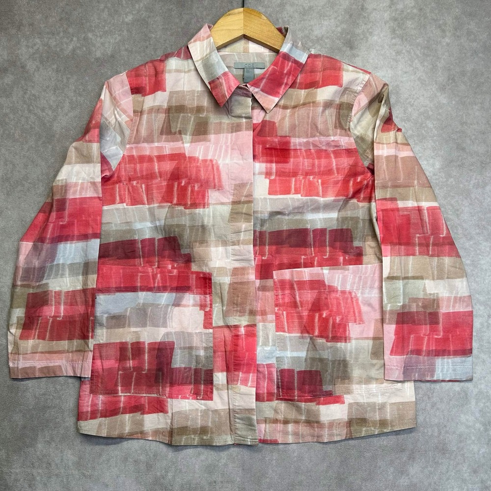 COS Women Red Pink Abstract Print Cotton Blouse Size 4 Pockets Boxy Fit